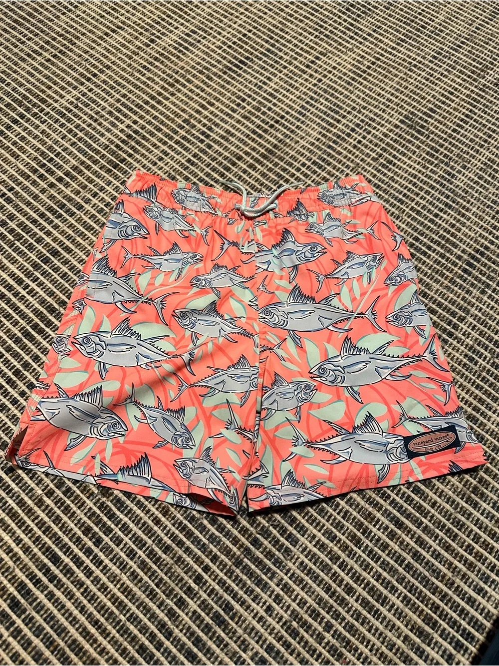 Vineyard Vines Coral Swim Trunks with Blue Fish Print Medium 12-14yo